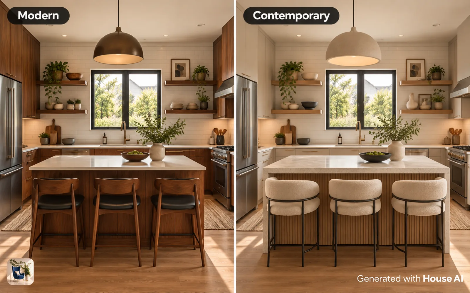 The same kitchen in modern and contemporary styles, with flat walnut cabinets on the left and curved stools on the right