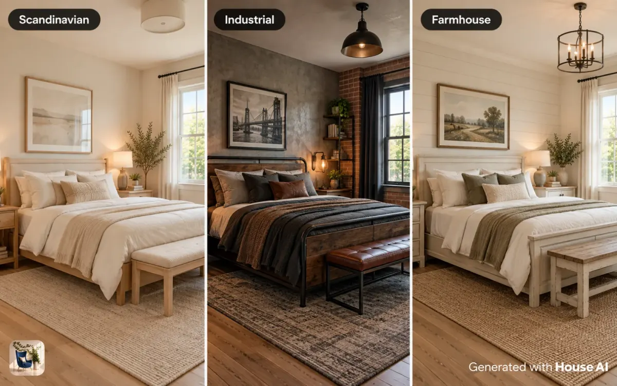 The same bedroom redesigned in Scandinavian, industrial, and farmhouse styles, side by side