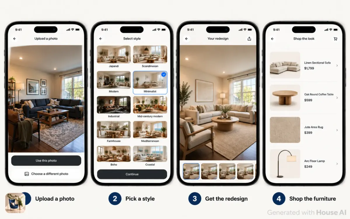 Four phone screens showing a room photo upload, a style grid, the redesigned room, and a furniture list