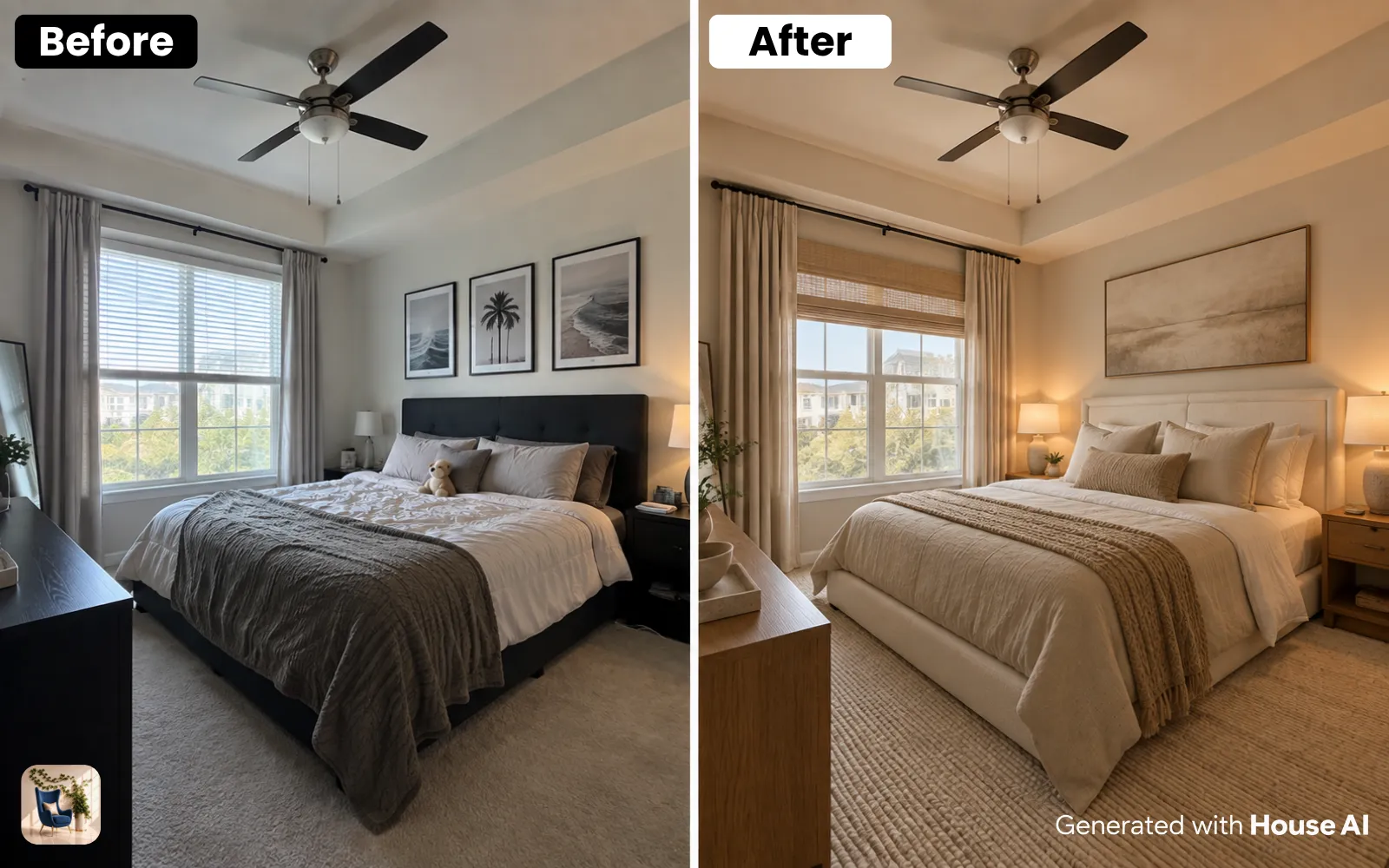 An apartment bedroom before and after a quiet luxury restyle with neutral bedding and warm wood