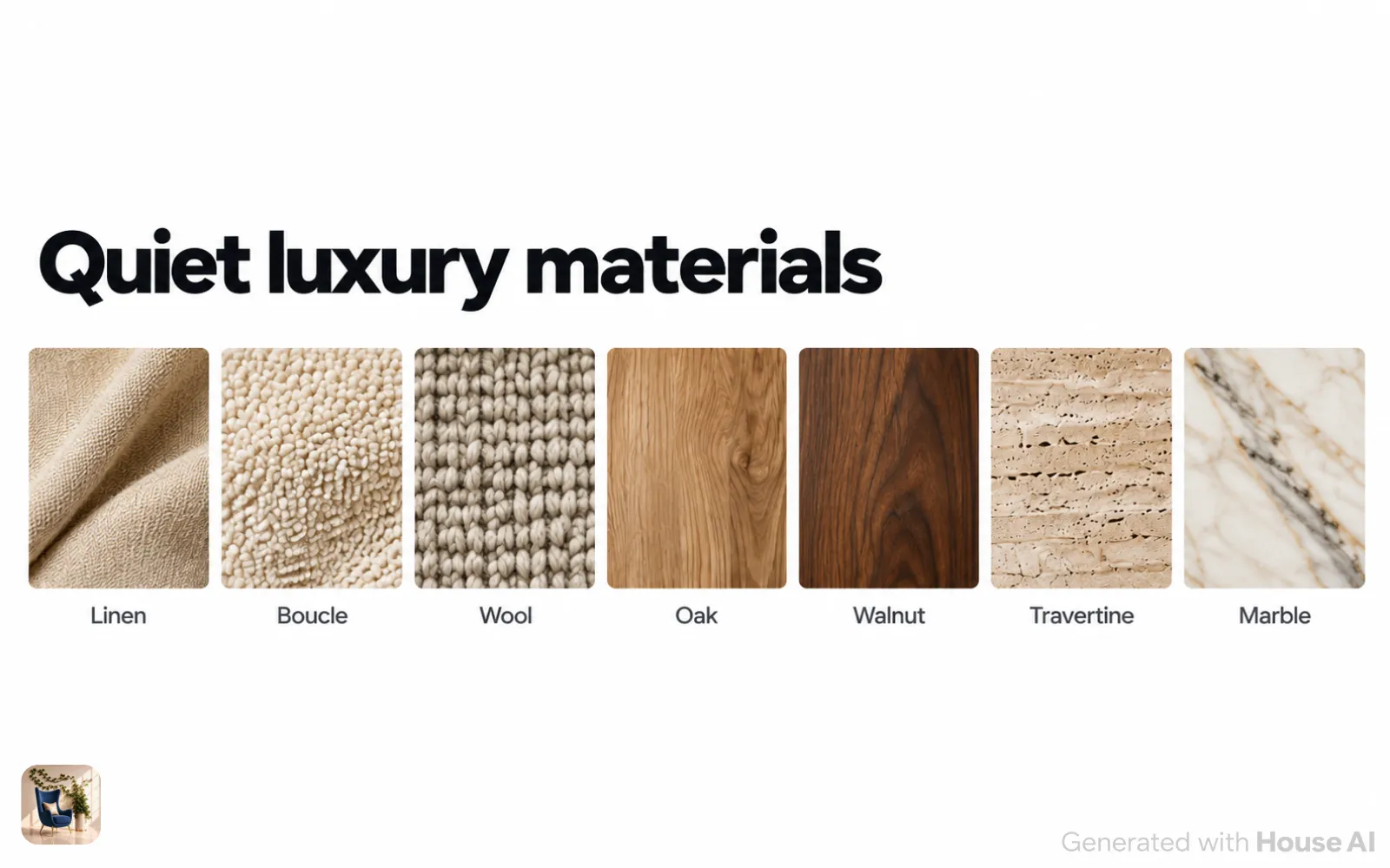 Diagram of quiet luxury materials, with swatches of linen, boucle, wool, oak, walnut, travertine, and marble