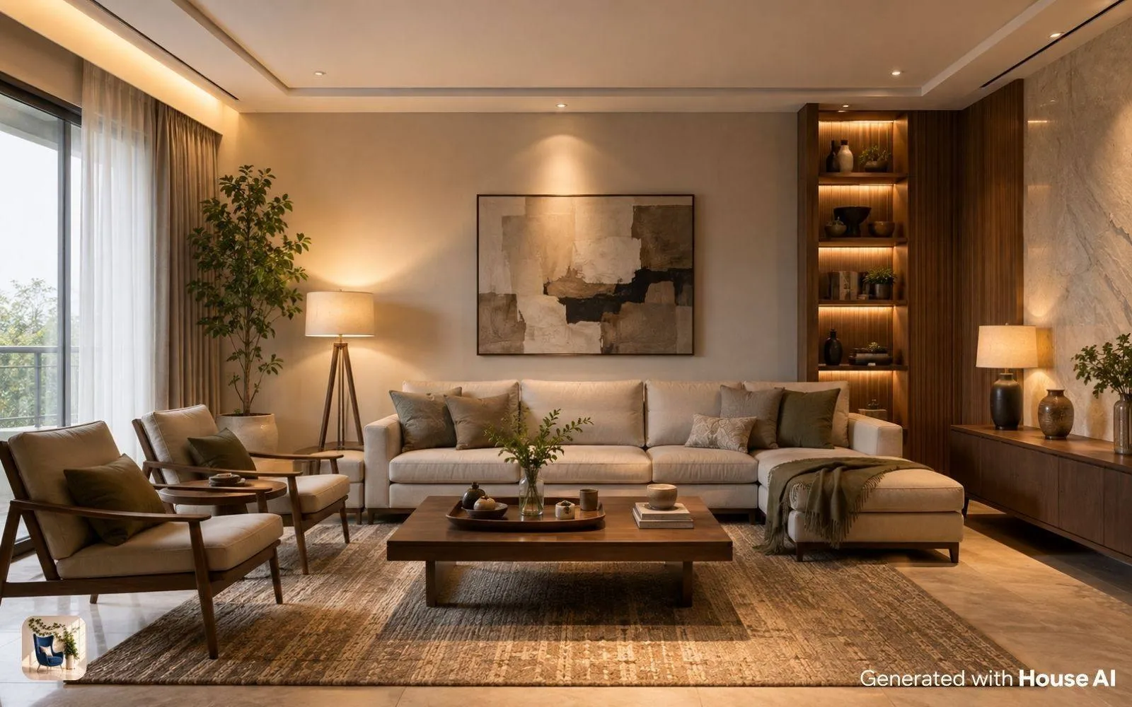 Residential living room designed with a warm neutral palette and layered lighting
