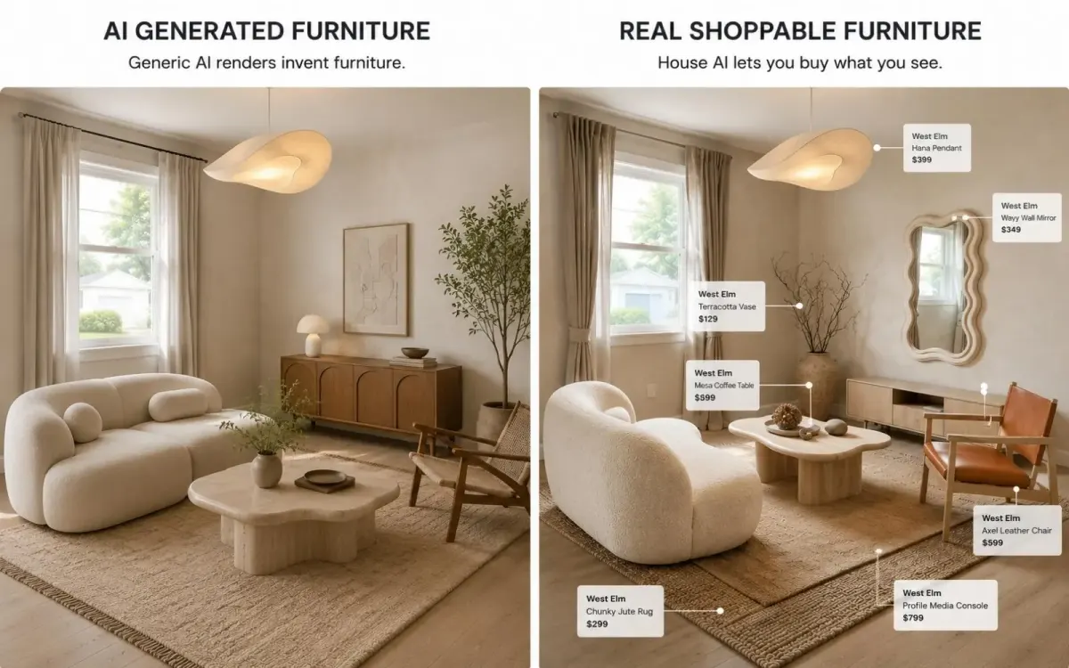 Comparison of AI generated furniture versus real shoppable furniture