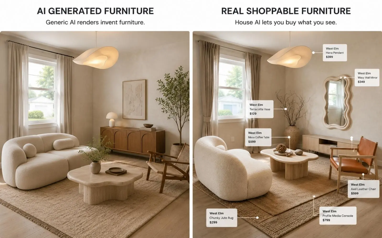 Comparison of AI generated furniture versus real shoppable furniture