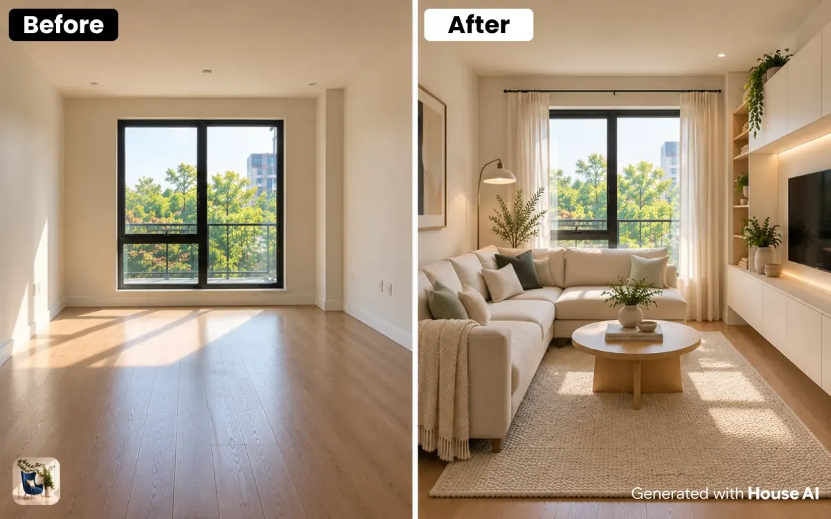 An empty small living room before and after it is furnished with a compact corner sectional and a wall cabinet