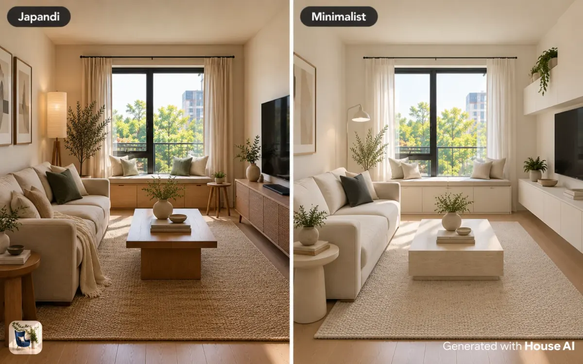 The same small living room in Japandi and Minimalist styles, each with a bench and small side tables