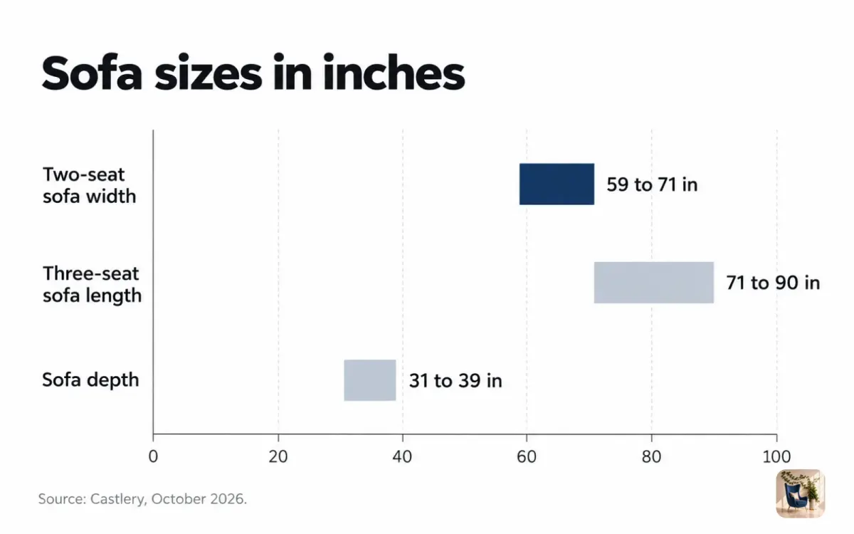 Range chart of sofa sizes: two-seaters 59 to 71 inches wide, three-seaters 71 to 90 inches, depth 31 to 39 inches