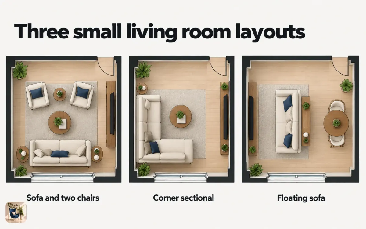 Top-down diagram of three small living room layouts: sofa and two chairs, corner sectional, and floating sofa