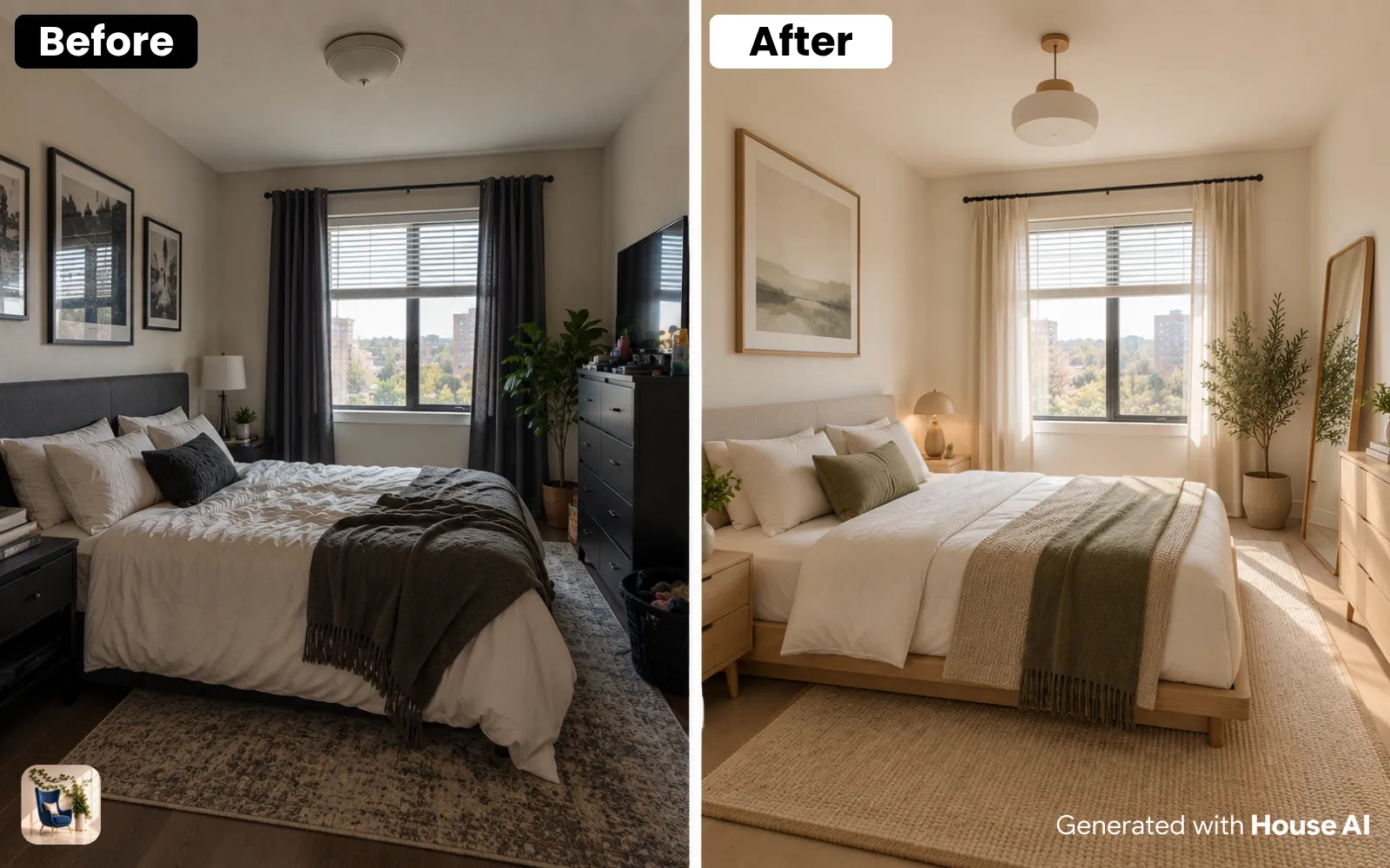 A small apartment bedroom before and after a minimalist restyle, with the same window and bed wall