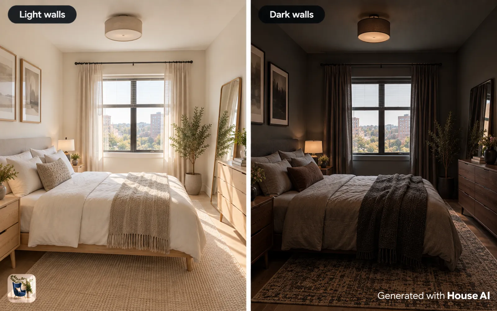 The same small living room with pale walls on the left and charcoal walls on the right, side by side