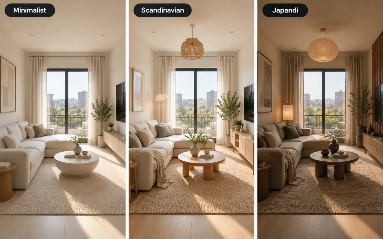 The same small living room redesigned in minimalist, Scandinavian, and Japandi styles, side by side