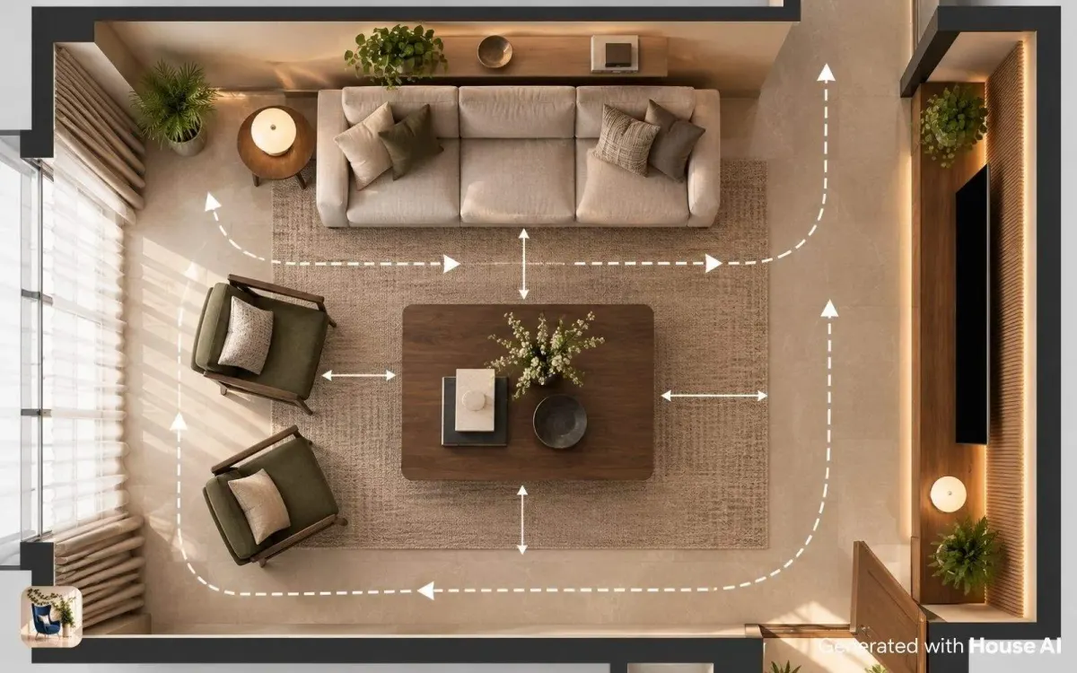 Floor plan diagram showing circulation paths and furniture clearances in a living room
