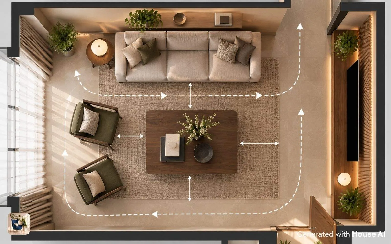 Floor plan diagram showing circulation paths and furniture clearances in a living room