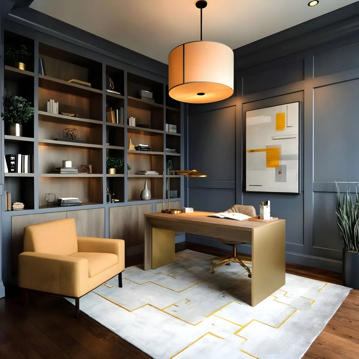 Home office with layered lighting
