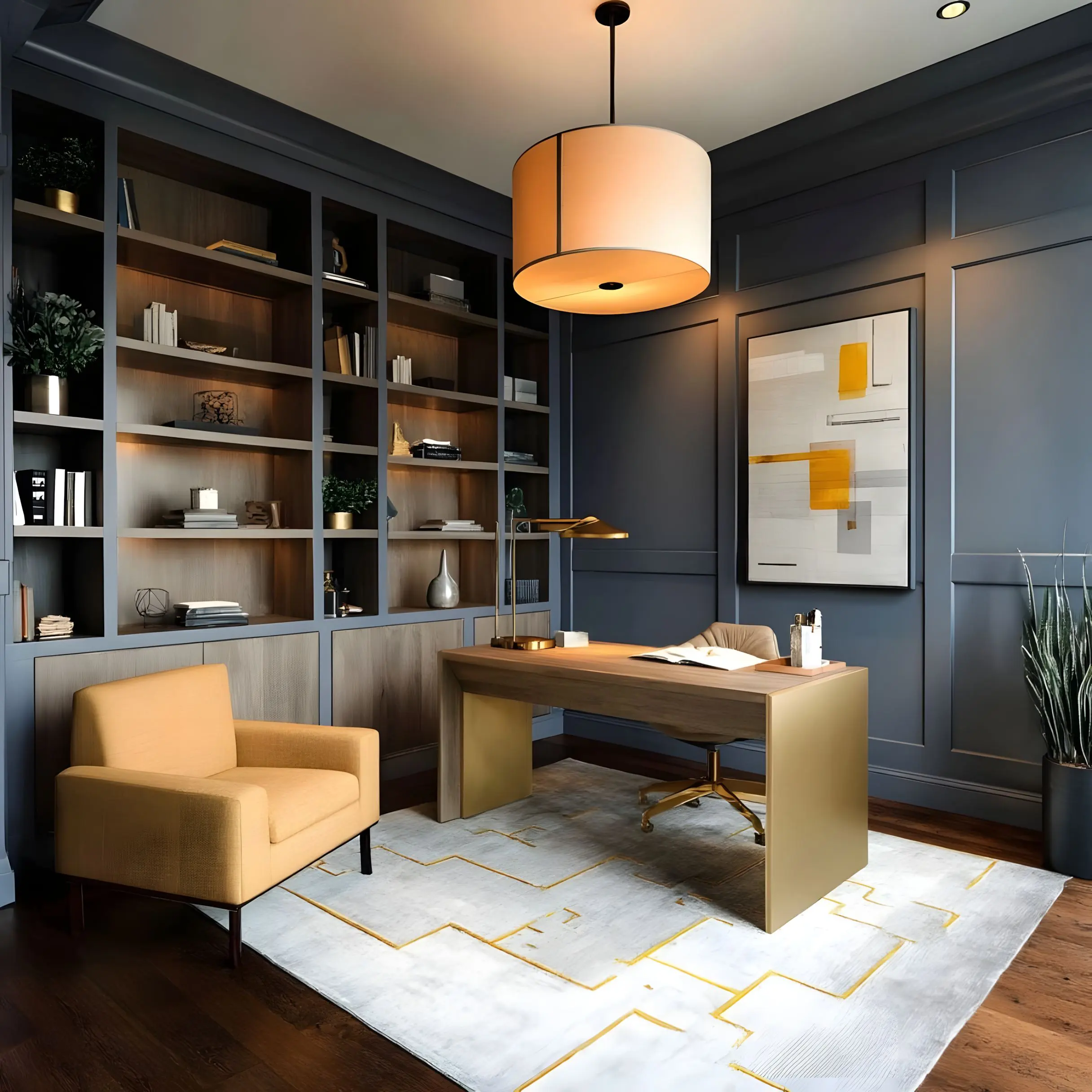 Home office with layered lighting
