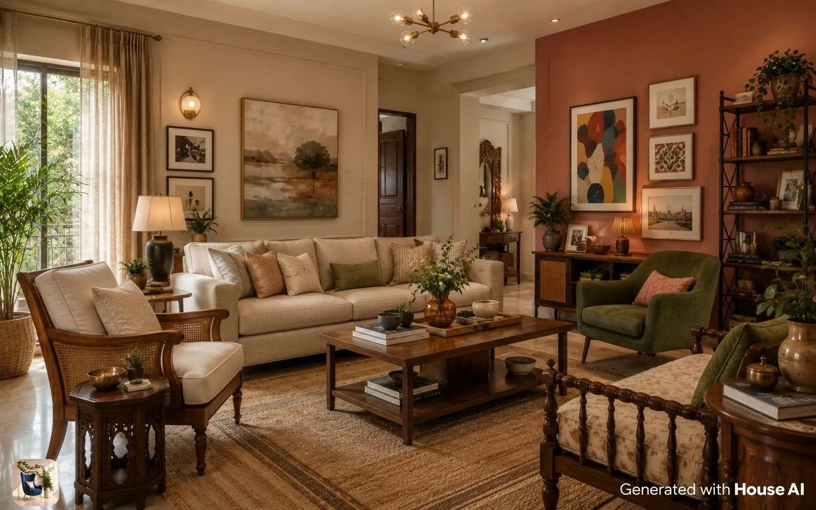 Shared living room with a neutral base and one playful accent wall balancing two generations