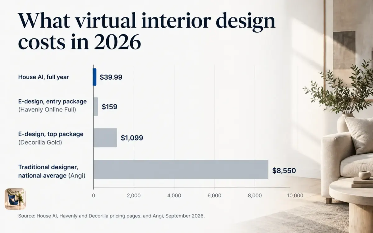 Bar chart of 2026 design costs, from $39.99 a year for an AI app to an $8,550 average for a traditional designer