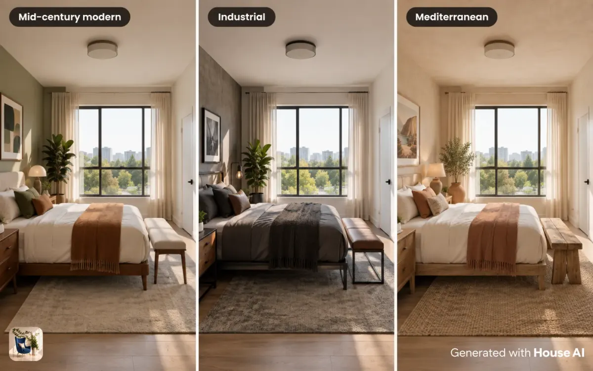The same bedroom redesigned in mid-century modern, industrial, and Mediterranean styles, side by side