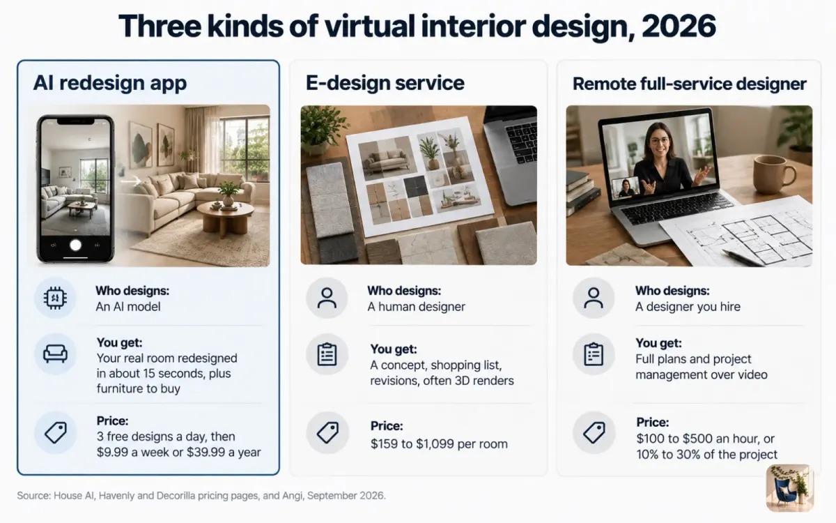 Diagram comparing AI redesign apps, e-design services, and remote designers by who designs and what it costs