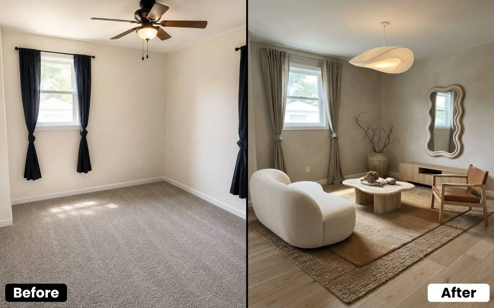 House AI virtual staging of an empty living room before and after