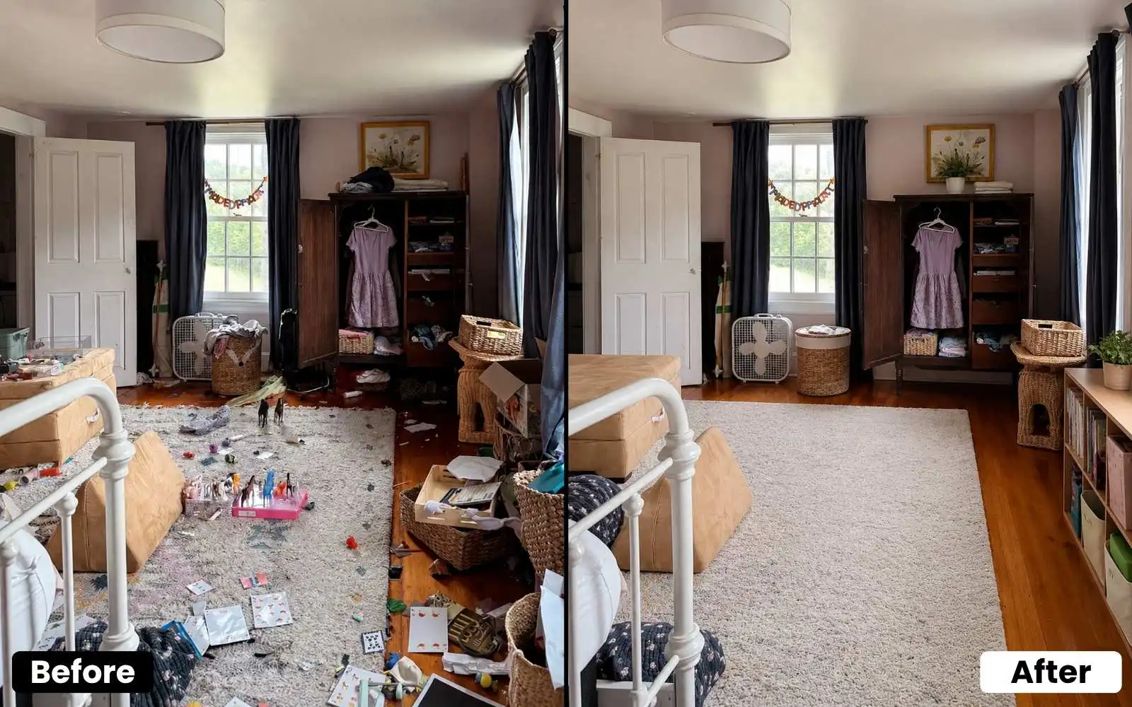 House AI furniture removal and restaging of a cluttered room