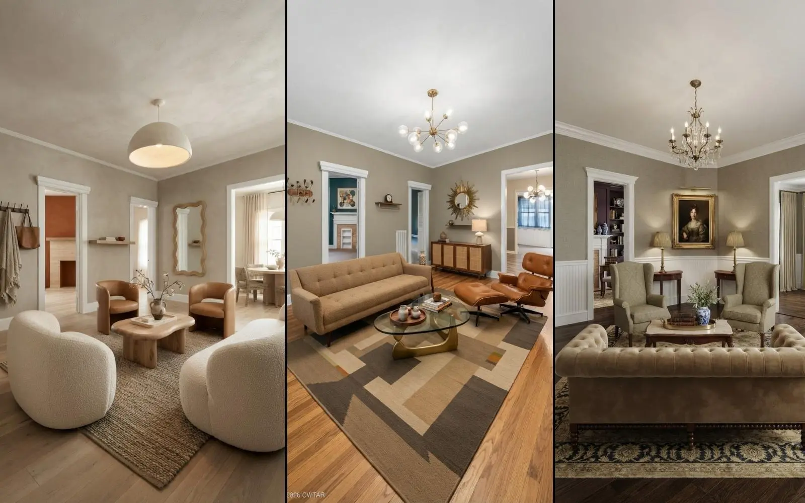 One room staged in three different styles with House AI