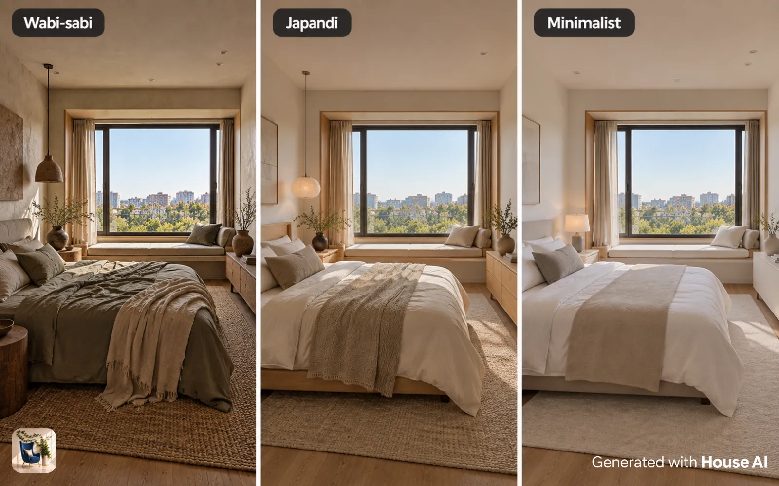 The same bedroom in wabi-sabi, Japandi, and minimalist styles, side by side