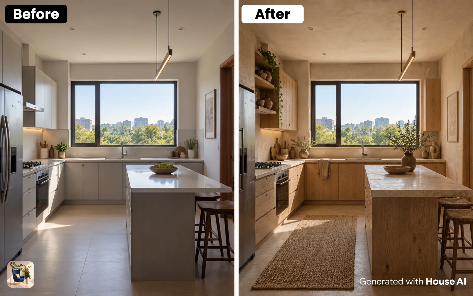 A kitchen before and after a wabi-sabi restyle, with the cabinets and window in the same place