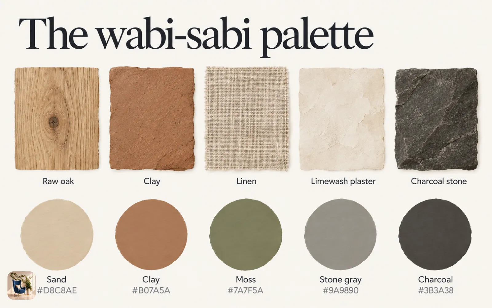 Diagram of wabi-sabi materials and colors, with swatches of raw oak, clay, linen, limewash, and charcoal stone
