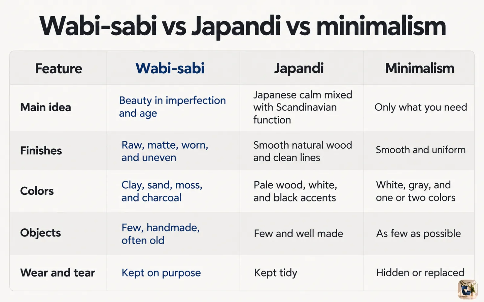 Table graphic comparing wabi-sabi, Japandi, and minimalism by main idea, finishes, colors, objects, and wear