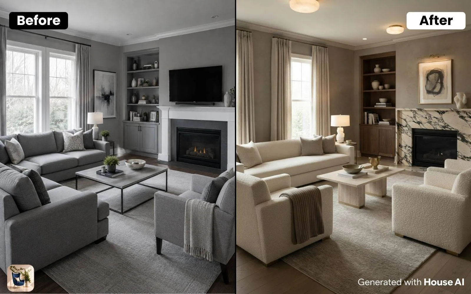 The same room shown in cool grey and again in warm greige to compare 2010s and 2026 palettes