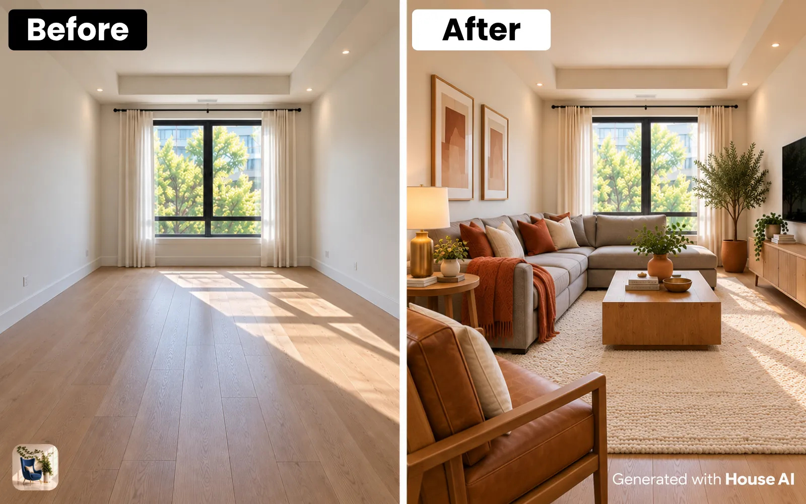 An empty living room before and after it is furnished around a gray couch with cream, camel, and rust accents