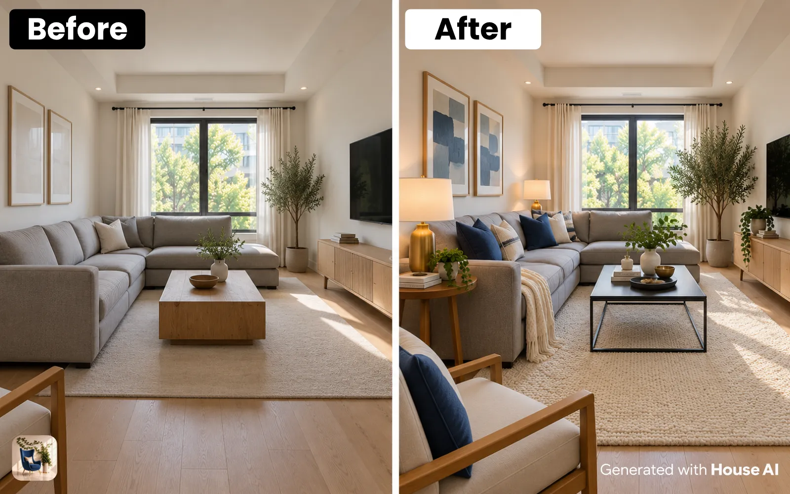 A living room before and after a restyle around a gray couch with navy pillows, a cream rug, and brass lamps
