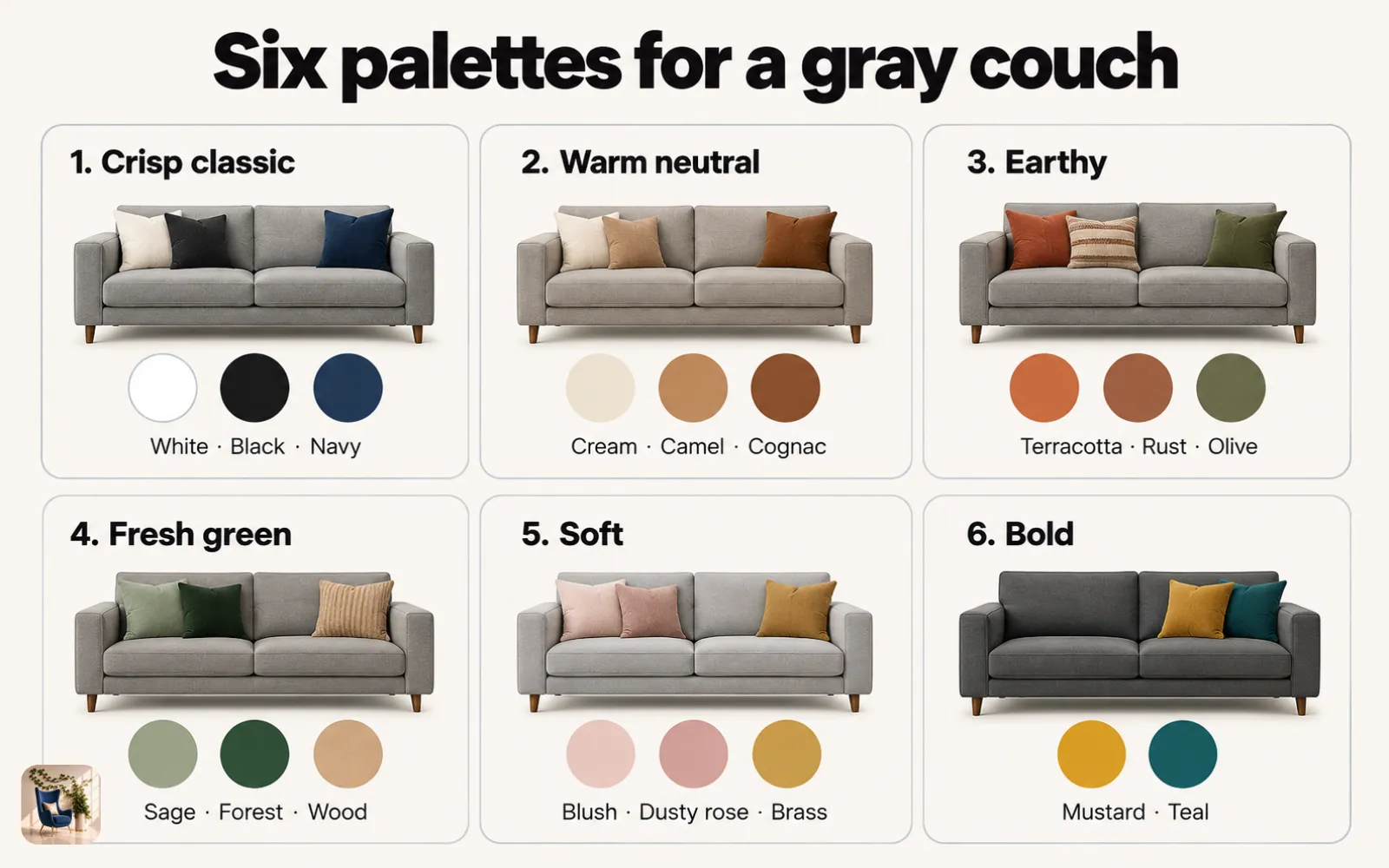 Diagram of six color palettes for a gray couch, each a gray sofa icon beside its matching color swatches