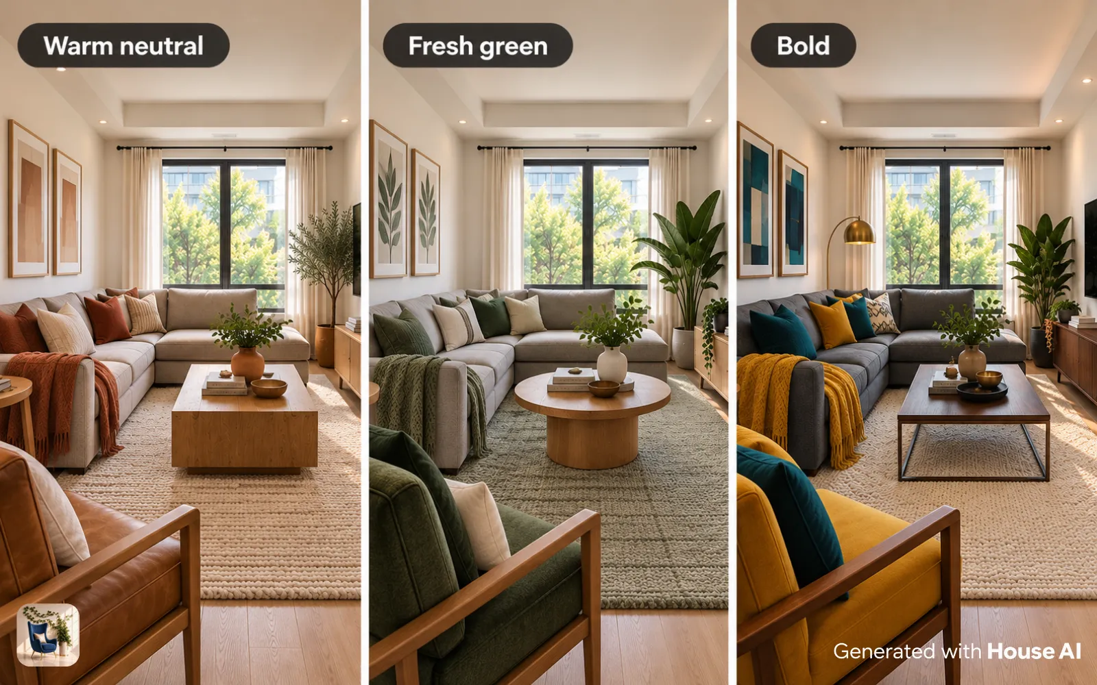 The same living room with a gray couch styled in warm neutral, fresh green, and bold mustard and teal palettes
