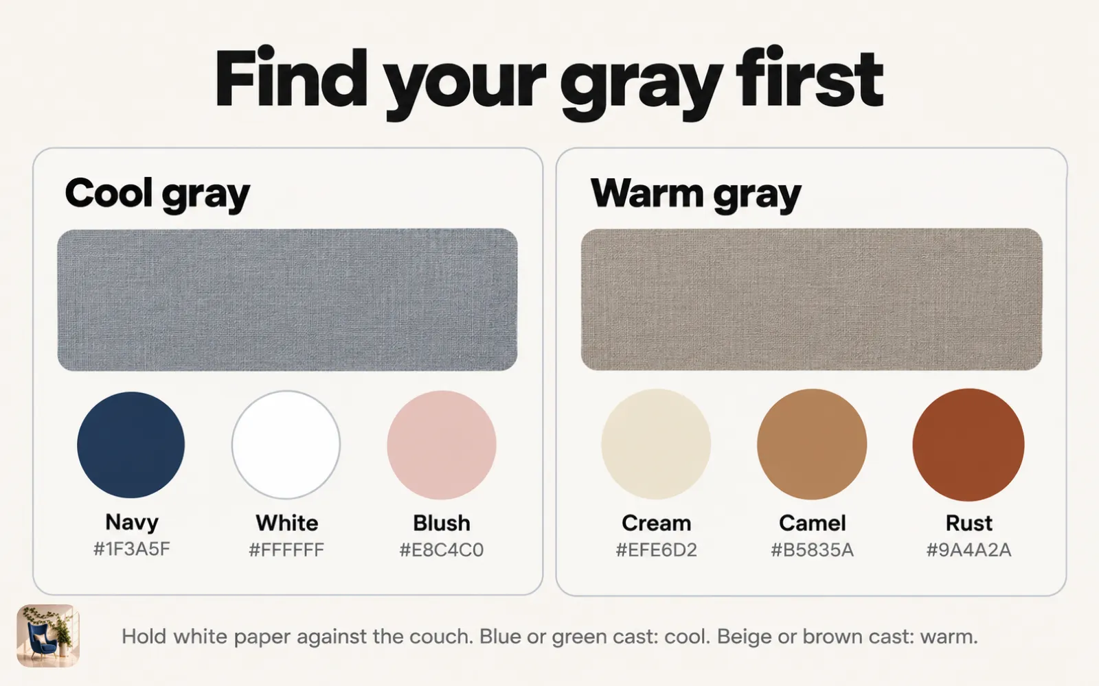 Diagram comparing a cool gray swatch with navy, white, and blush and a warm gray swatch with cream, camel, and rust