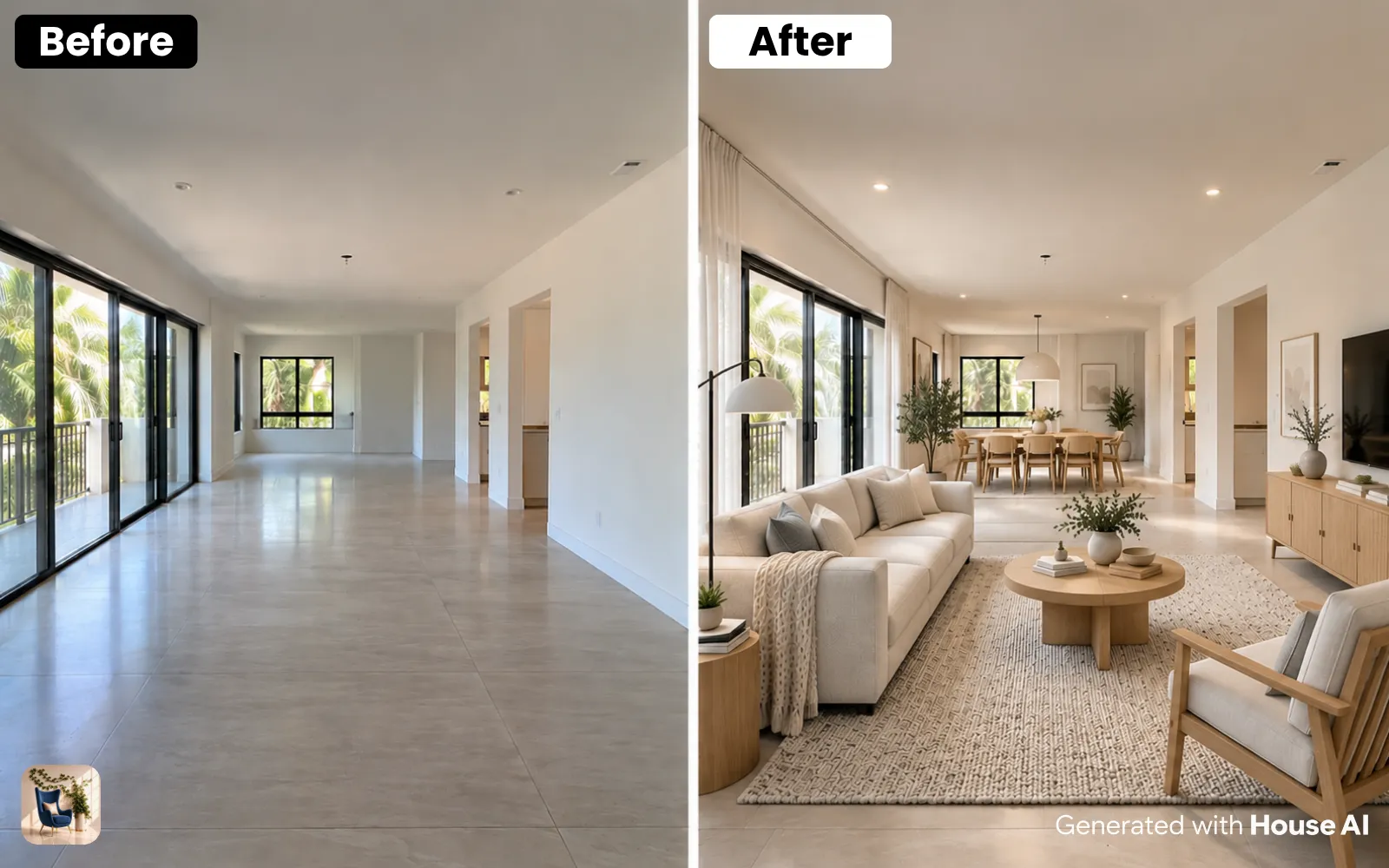 An empty living room before and after a Scandinavian concept, with the same windows, walls, and floor