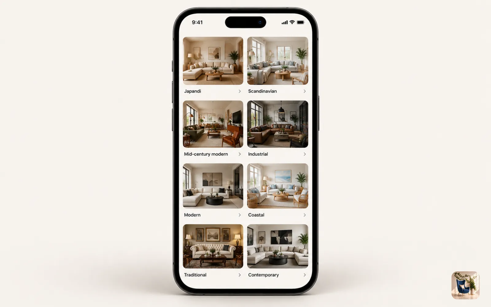 A phone screen showing a grid of room styles to choose from for a living room photo