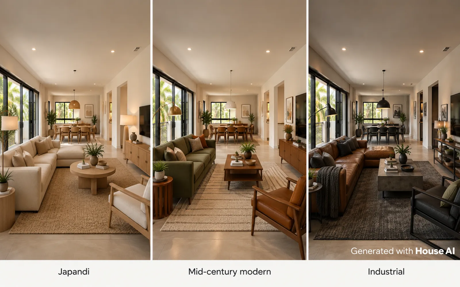 The same living room in Japandi, mid-century modern, and industrial concepts, side by side
