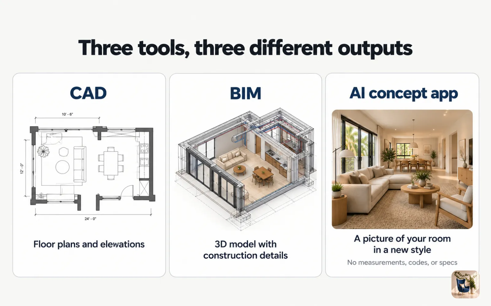 Diagram comparing CAD, BIM, and an AI concept app by what each one produces, from floor plans to room pictures