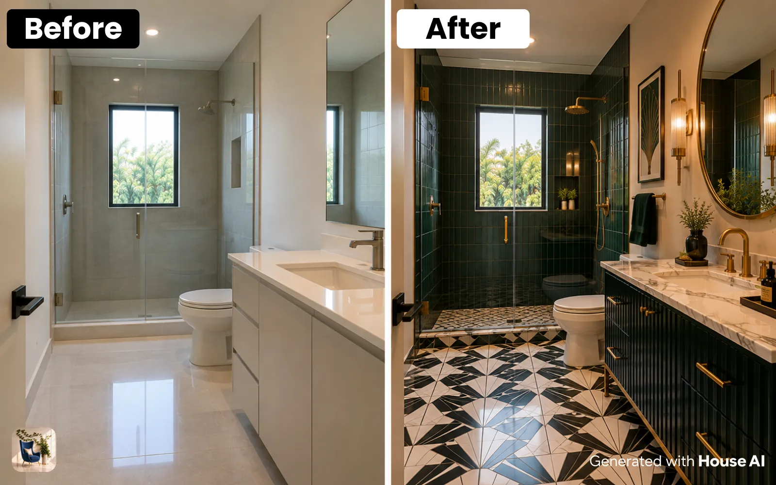 A bathroom before and after an Art Deco restyle, with black and white geometric tile, brass fixtures, and a round mirror