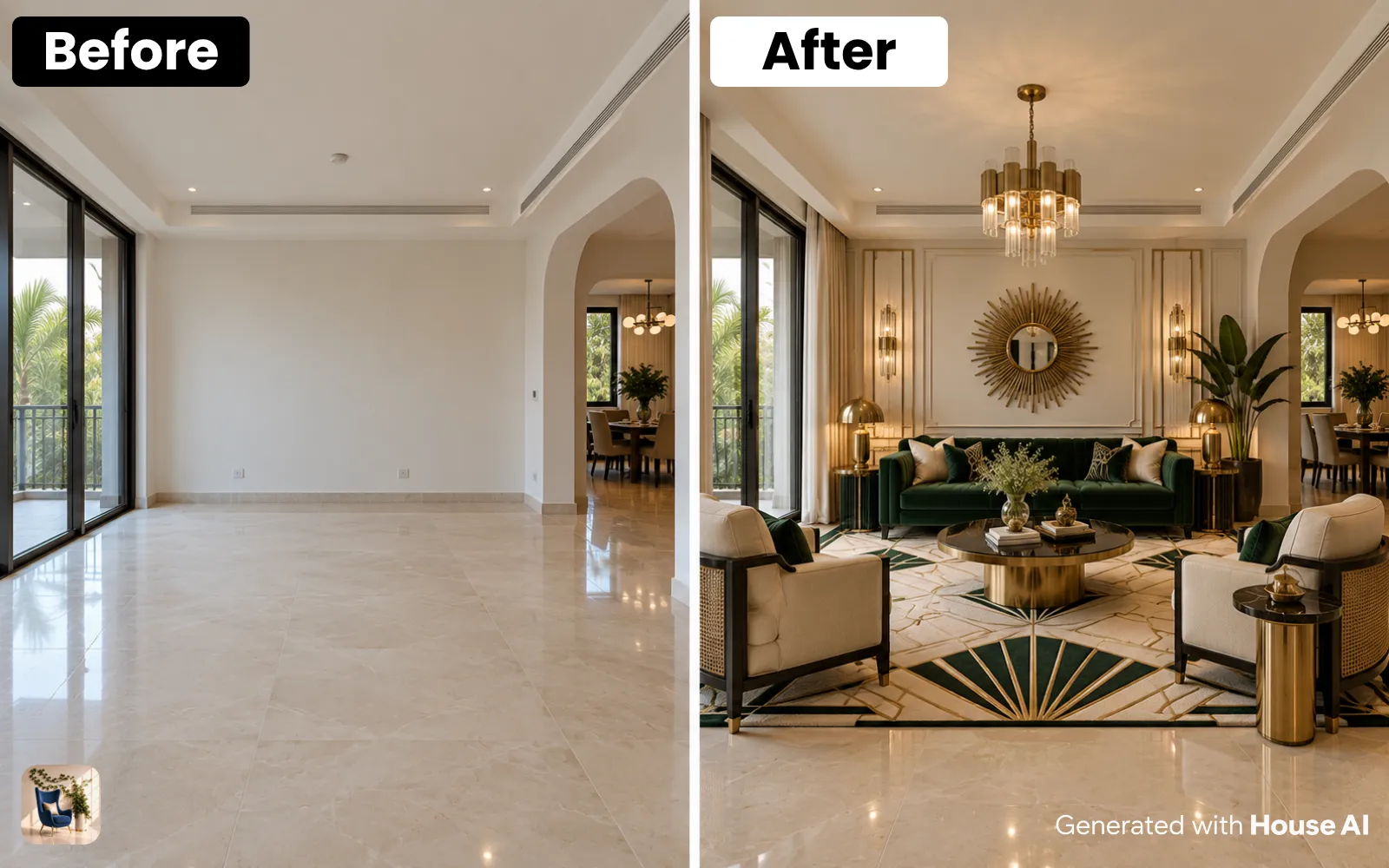 A living room before and after an Art Deco restyle, with a green velvet sofa, brass lamps, and a sunburst mirror