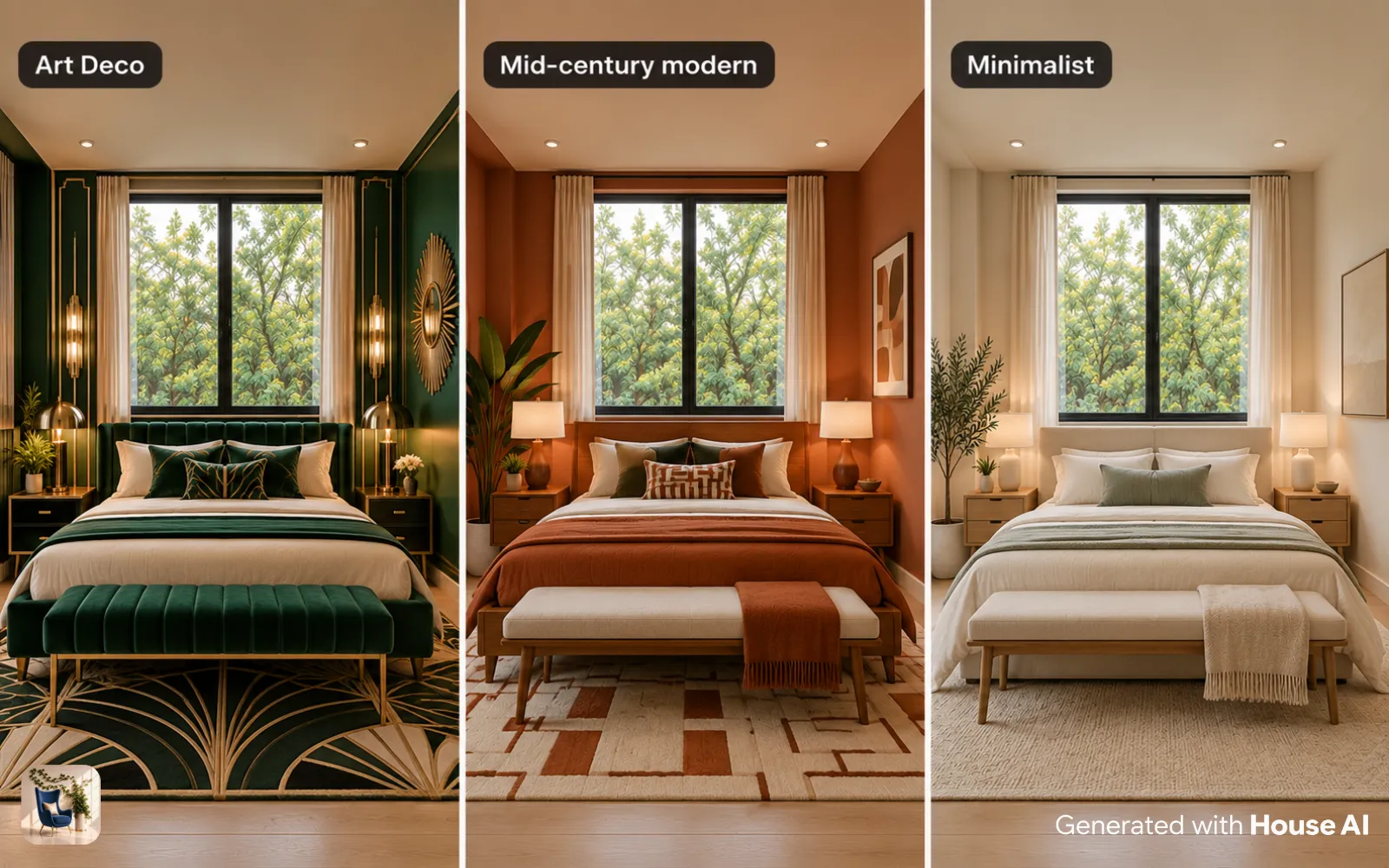The same bedroom in Art Deco, mid-century modern, and minimalist styles, side by side, from glossy to bare