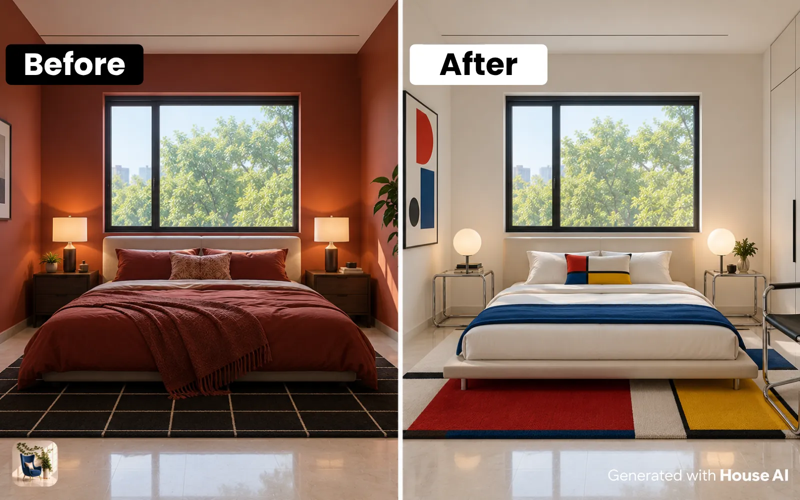 A bedroom before and after a Bauhaus restyle, with a low platform bed, a steel side table, and a globe lamp