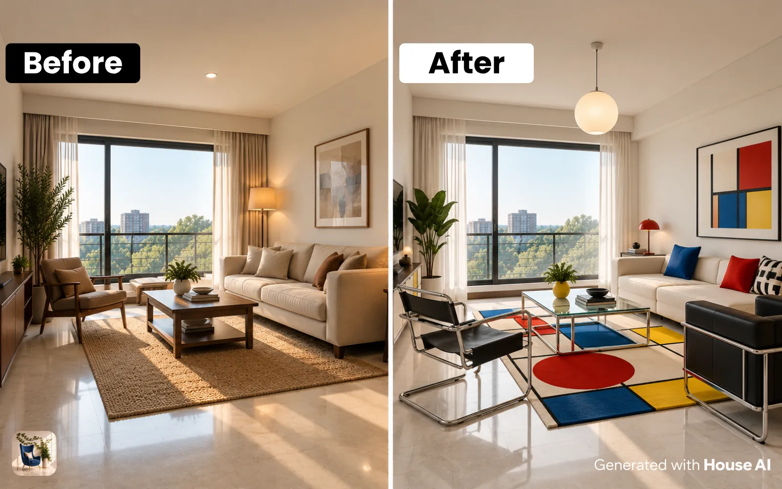 A living room before and after a Bauhaus restyle, with a tubular steel chair, a geometric rug, and primary color accents