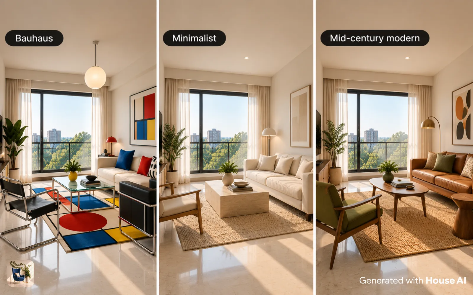 The same living room in Bauhaus, minimalist, and mid-century modern styles, side by side