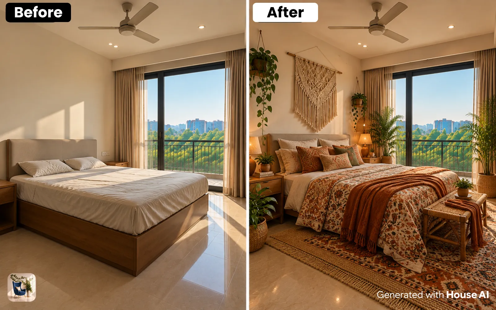 A bedroom before and after a boho restyle, with a macrame wall hanging, patterned bedding, and plants