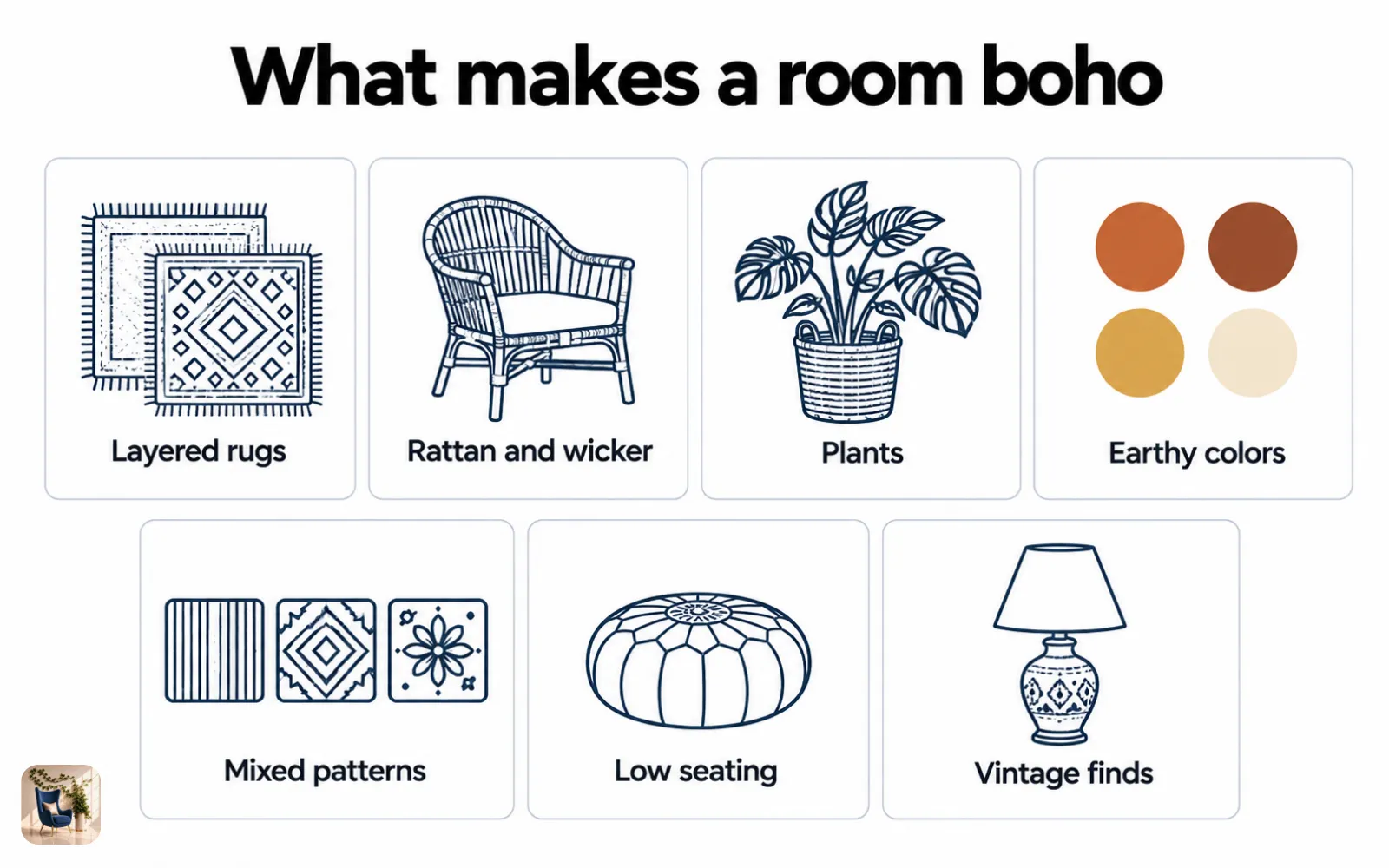 Diagram of seven boho elements: layered rugs, rattan, plants, earthy colors, mixed patterns, low seating, and vintage finds
