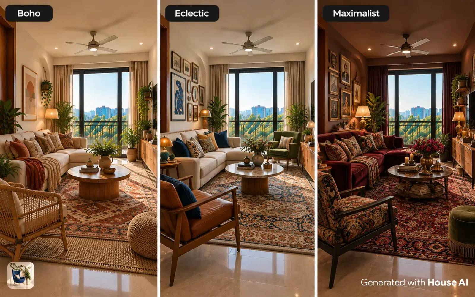 The same living room in boho, eclectic, and maximalist styles, side by side, each with a different mix of pattern