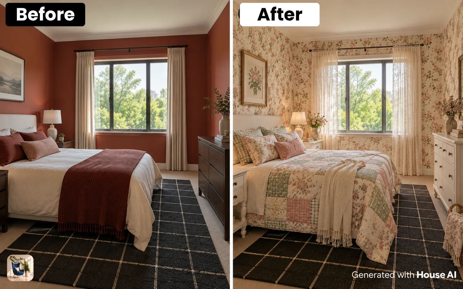 A bedroom before and after a cottagecore restyle, with a patchwork quilt, floral wallpaper, and a painted dresser